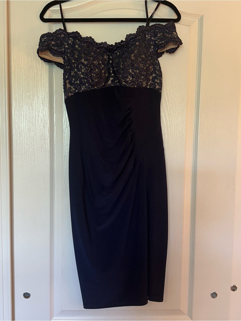 Off-Shoulder Lace Bodice Navy Cocktail Dress